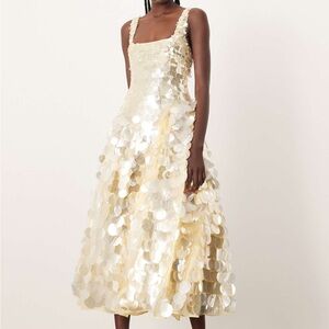 *NWT* ARRANGE embellished disc sequin square neck full skirt midi dress in lemon